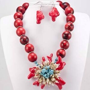 Red Beaded Necklace Earrings Set Bold Medallion Jewelry Coral Replica